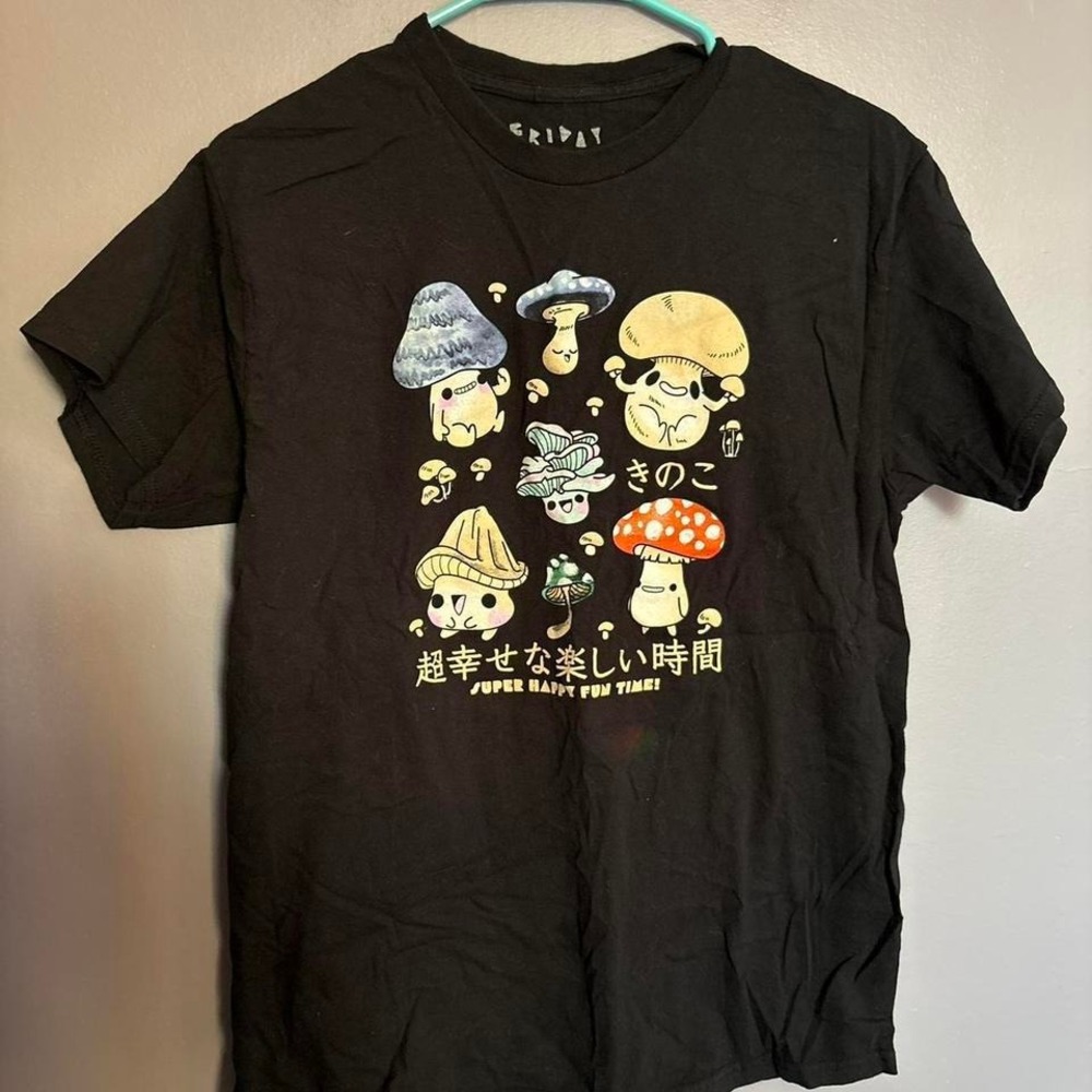 Friday Jr Mushroom Graphic Tee Black Super Happy Fun Time Kawaii‎ Shirt Medium